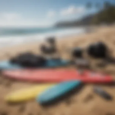 Close-up of essential surfing gear laid out on the beach