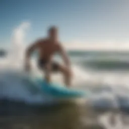 Dynamic action shot of an adult enjoying boogie boarding in ocean waves