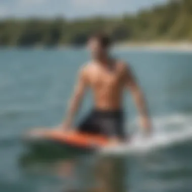 Demonstration of safety techniques for boogie boarding in calm waters