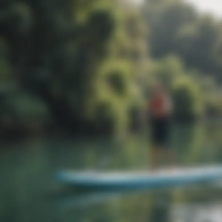 Paddleboard with a mounted motor in serene waters