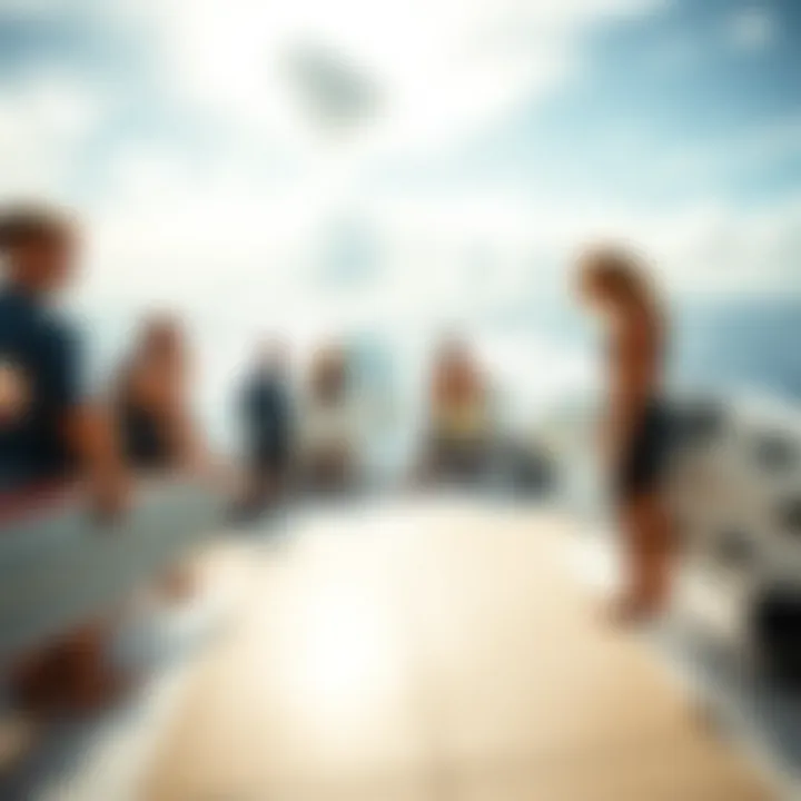 Group of surfers preparing for a ride on a spacious boat deck