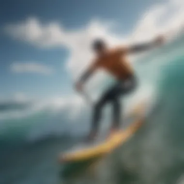 A skilled paddleboard surfer riding a wave