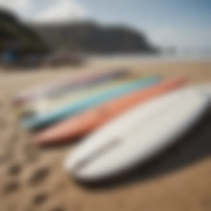 Close-up of surfboards lined up on the beach ready for action