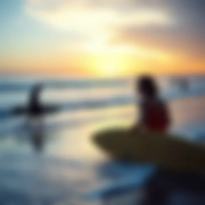 Capturing the Essence of Surfing Through Film A serene beach scene with documentary filmmakers capturing the essence of surfing