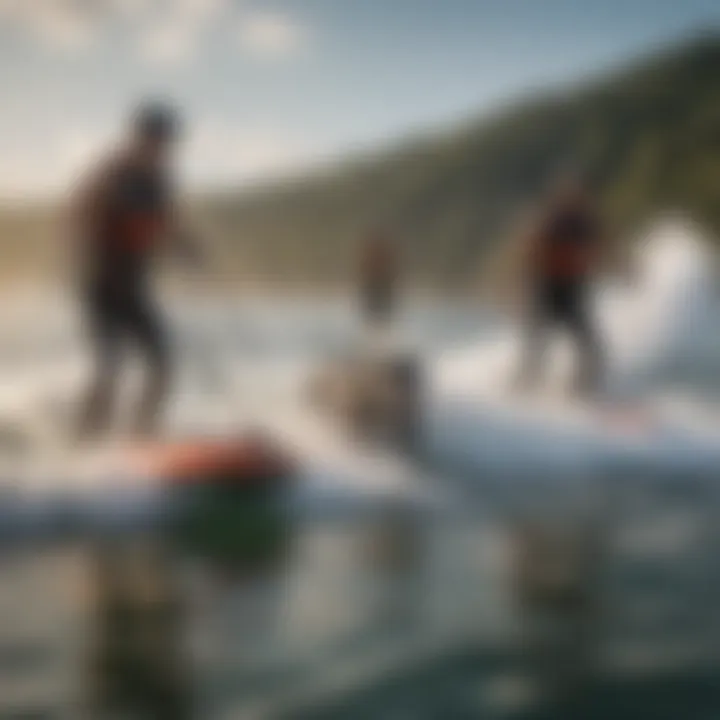 A vibrant watersport scene showcasing multiple riders using calf leashes