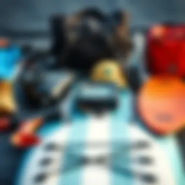 Gear for Success Essential gear laid out for paddle board surfing, emphasizing safety and performance.