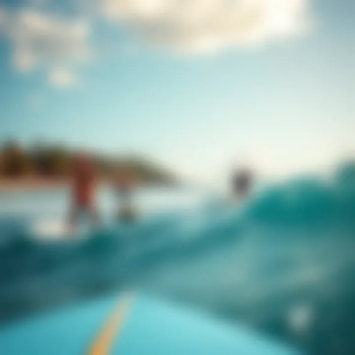 Diverse Surfing Paradise A scenic view of a popular surfing location, showcasing diverse skill levels enjoying paddle boarding.