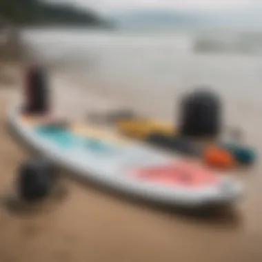 Close-up of essential gear for tandem paddle boarding laid out on the shore