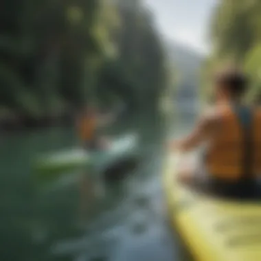 A scenic view of two paddlers sharing a laugh while paddling