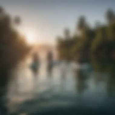 Two paddlers expertly navigating calm waters on a tandem paddle board