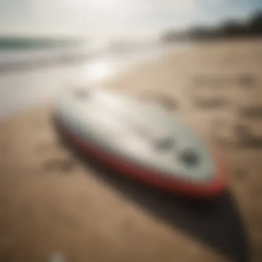 Eco-friendly surf gear displayed on a sandy beach