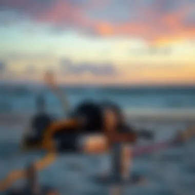 An intricate setup of a surf winch on the beach during sunset