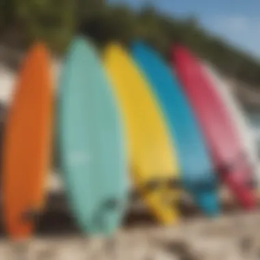 Colorful surfboards lined up on the beach