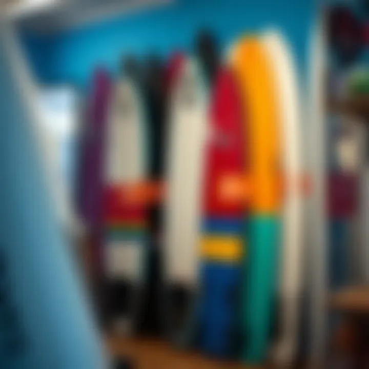 An array of foil surfboards displayed in a vibrant shop, illustrating current market trends.