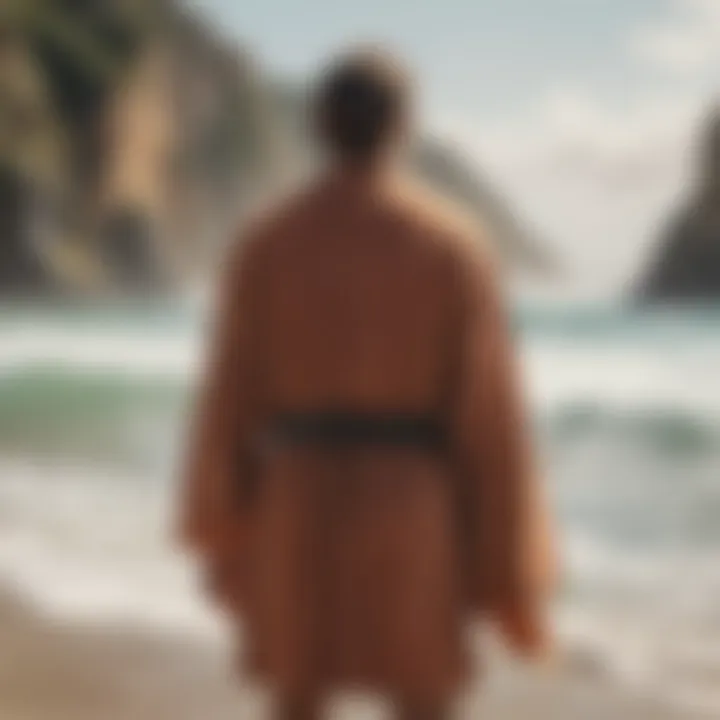 An outdoor scene featuring a surfer using a changing robe for privacy.