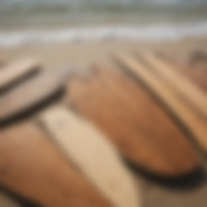 A selection of various wooden skimmer boards lined up for comparison