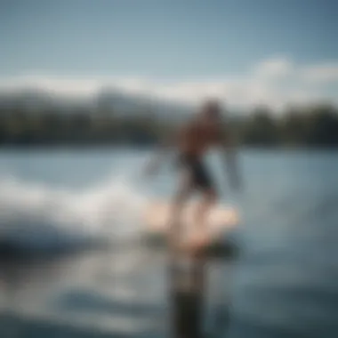 A skimmer board in action on a serene water surface