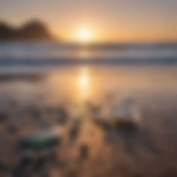 Beachcombers collecting glass on a serene beach at sunset.