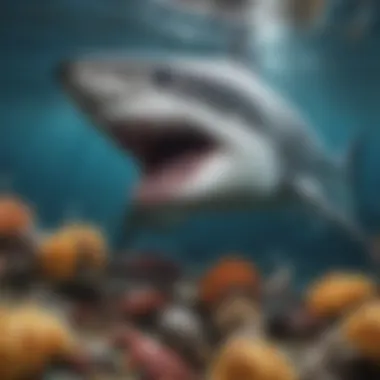 A vibrant underwater scene featuring a shark with unusual feeding behavior