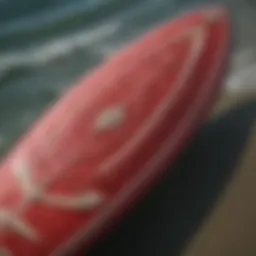 A close-up of the Red Baron surfboard showcasing its unique graphics and finish