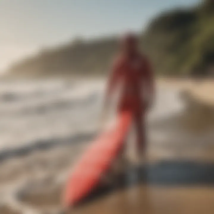 A group of surfers discussing their experiences with the Red Baron surfboard on the beach