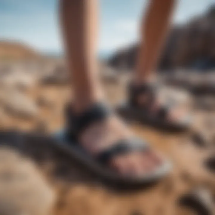 User testing the comfort of Reef Cushion Lux sandals on rocky terrain