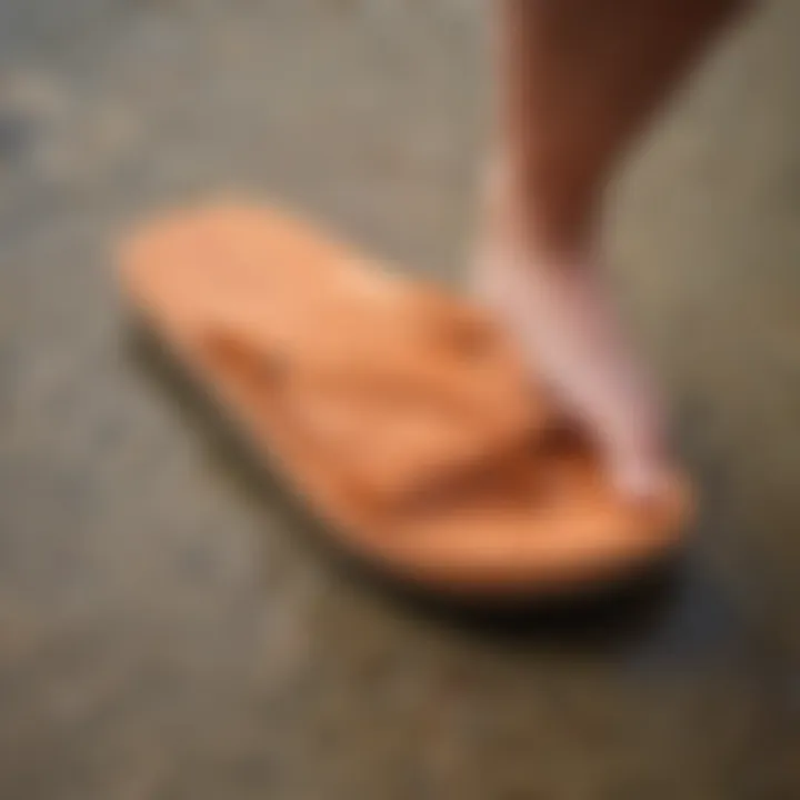 Close-up of the cushioned sole of Reef flip flops