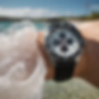 A salt water watch in action during a watersport activity, highlighting its functionality.