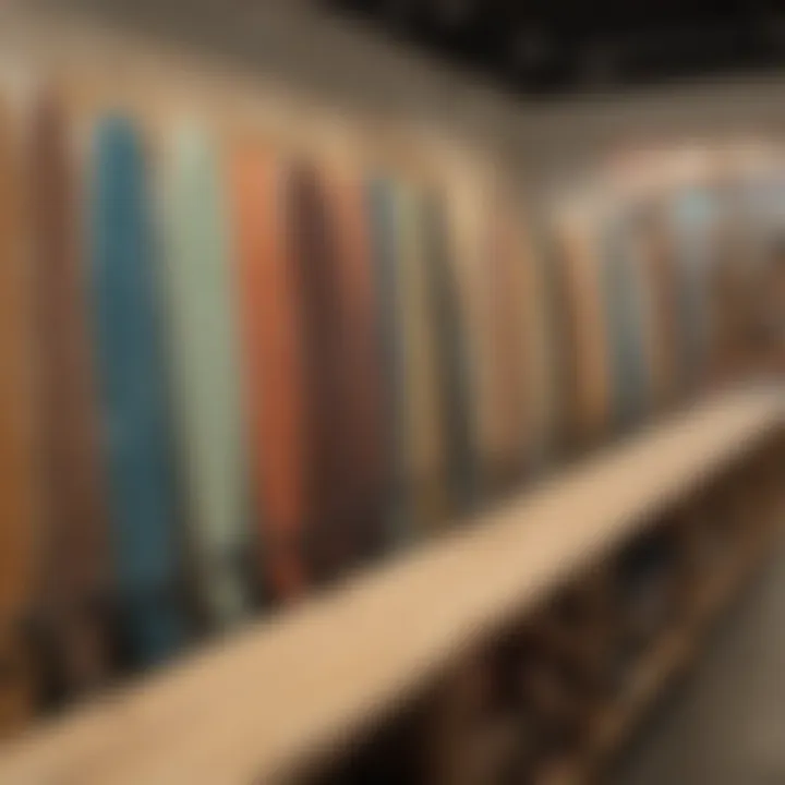 An array of soft top longboards displayed in a surf shop