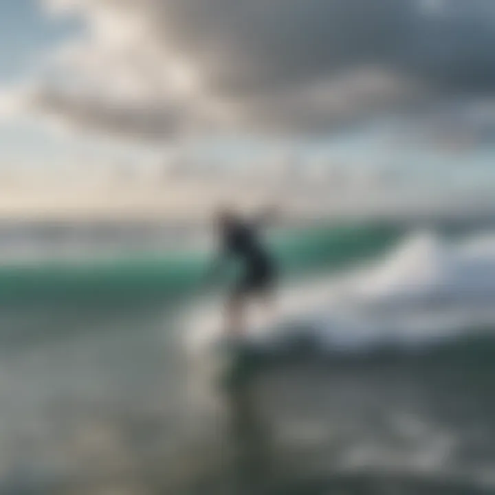 A serene ocean scene with surfers riding waves on soft top longboards