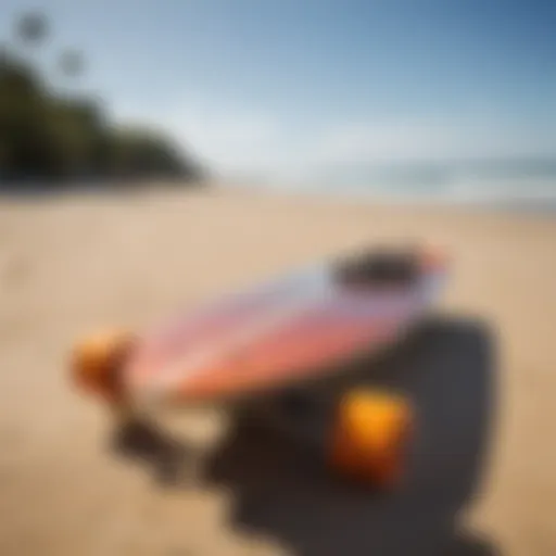 A vibrant soft top longboard resting on the beach sand