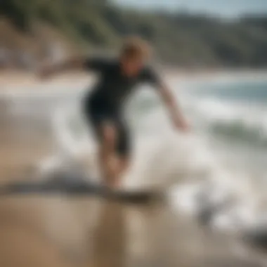 Skimboarder performing tricks on the beach