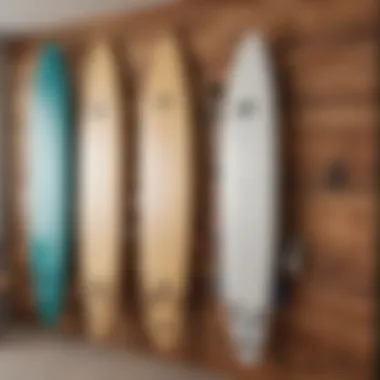 Stylish wall-mounted surfboard rack showcasing multiple boards