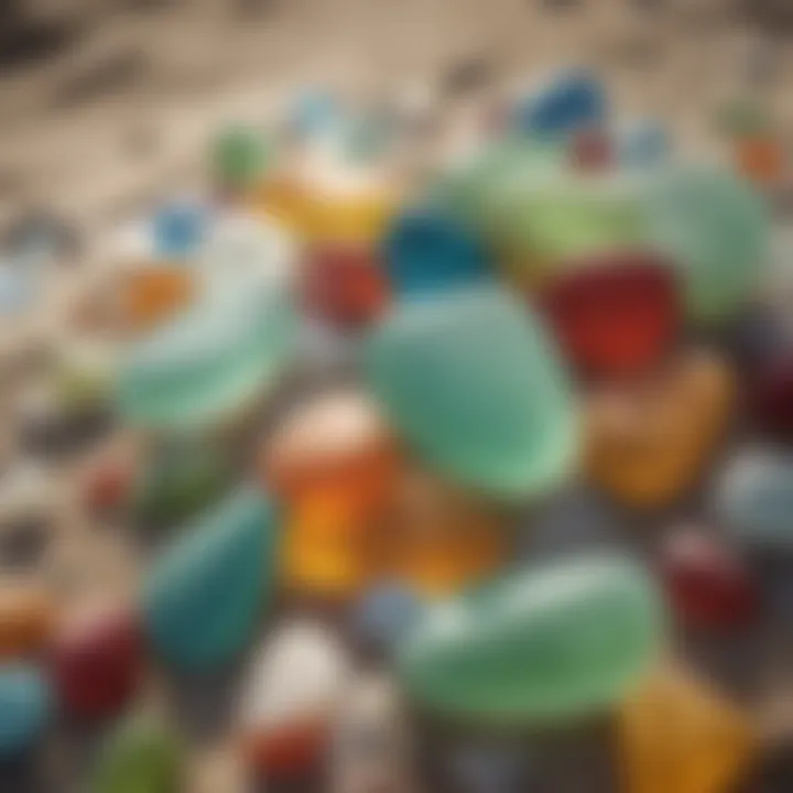 A close-up view of smooth, colorful sea glass pieces glistening in sunlight