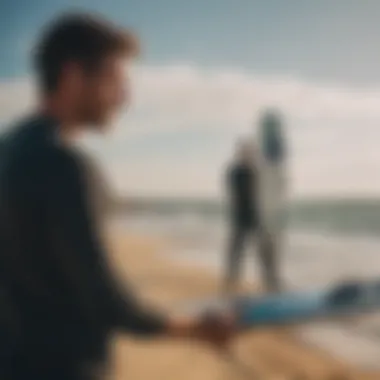 Person examining technical specifications of a kiteboard