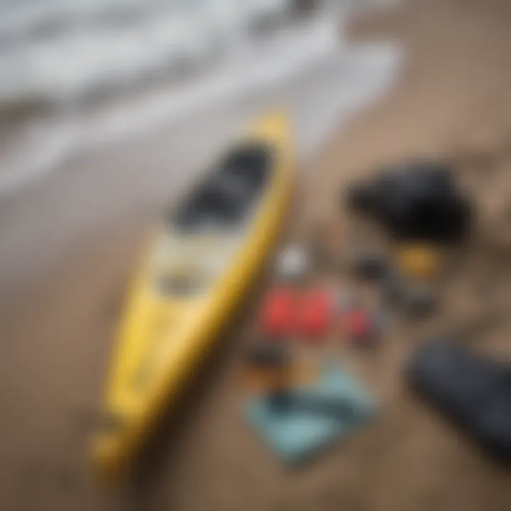 Canoe gear laid out on a beach