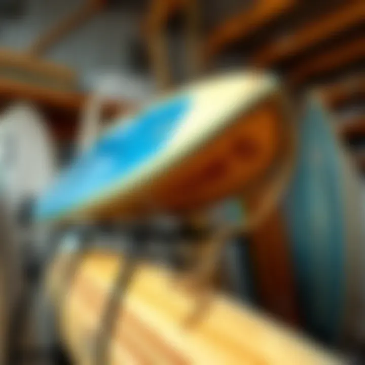 Proper Surfboard Maintenance A well-maintained surfboard on a rack, symbolizing care and maintenance.