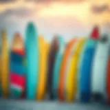 A vibrant display of various surfboard types lined up on the beach.