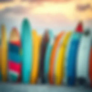 Diverse Types of Surfboards A vibrant display of various surfboard types lined up on the beach.