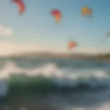 A dynamic kitesurfing scene showcasing vibrant kites against a clear blue sky.