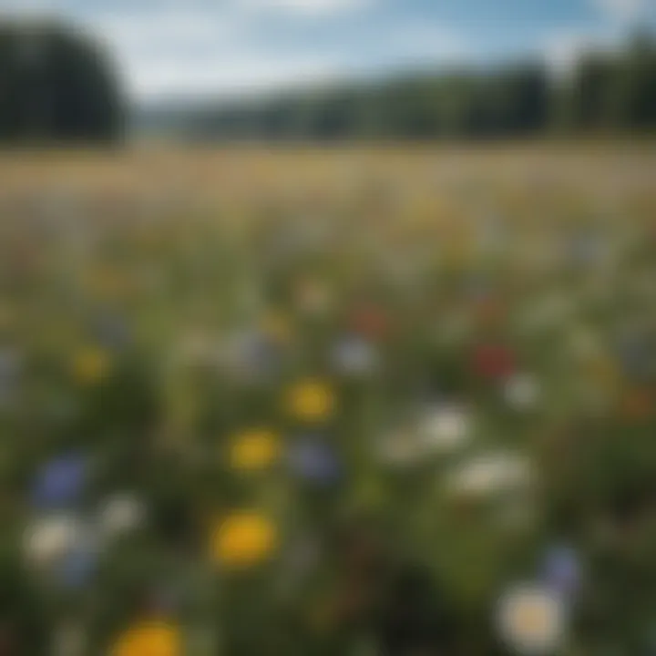 A peaceful meadow filled with wildflowers under a blue sky