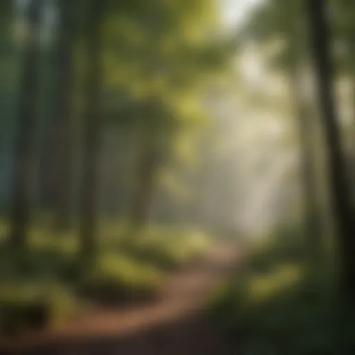 Serene forest landscape with gentle sunlight filtering through leaves