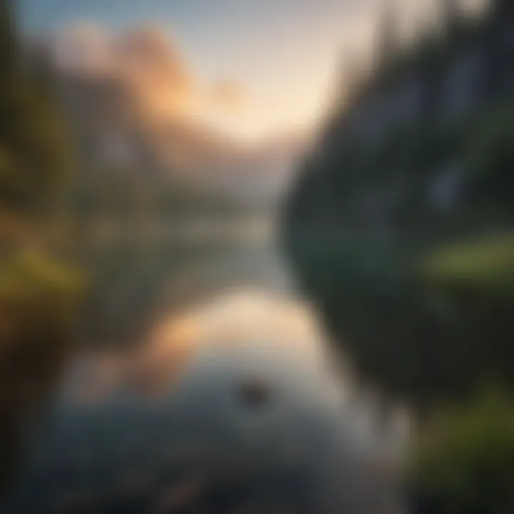 A tranquil lake reflecting the sky at dawn, surrounded by mountains