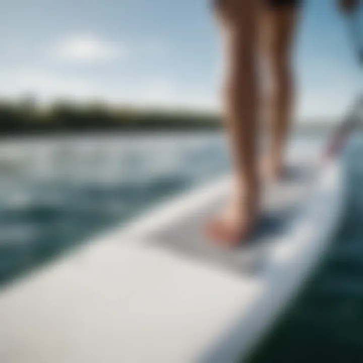 Close-up of 4-way stretch fabric in use during paddleboarding