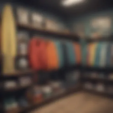 Collection of retro surf apparel on display