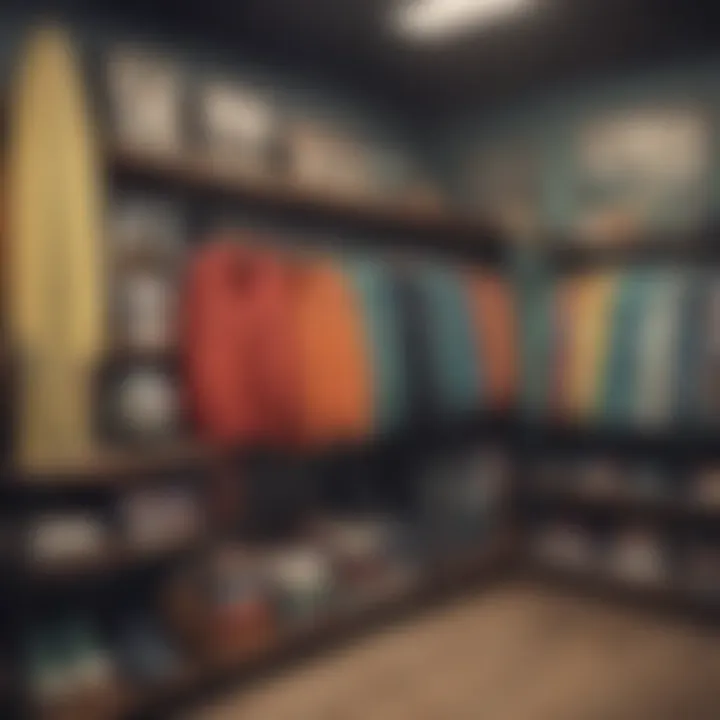 Collection of retro surf apparel on display