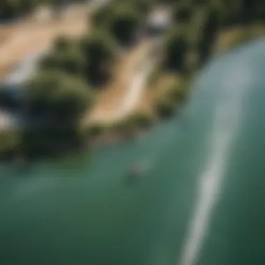 Aerial view of a wakeboard cable park with riders in action