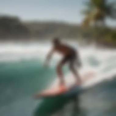 Mastering Maneuvers on a Surfboard A surfer expertly maneuvers a surfboard while being towed by a boat