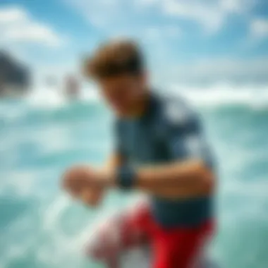 A watersports enthusiast checking tide levels on their wrist while surfing