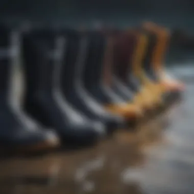 Diverse collection of wetsuit boots arranged neatly, illustrating different styles and features